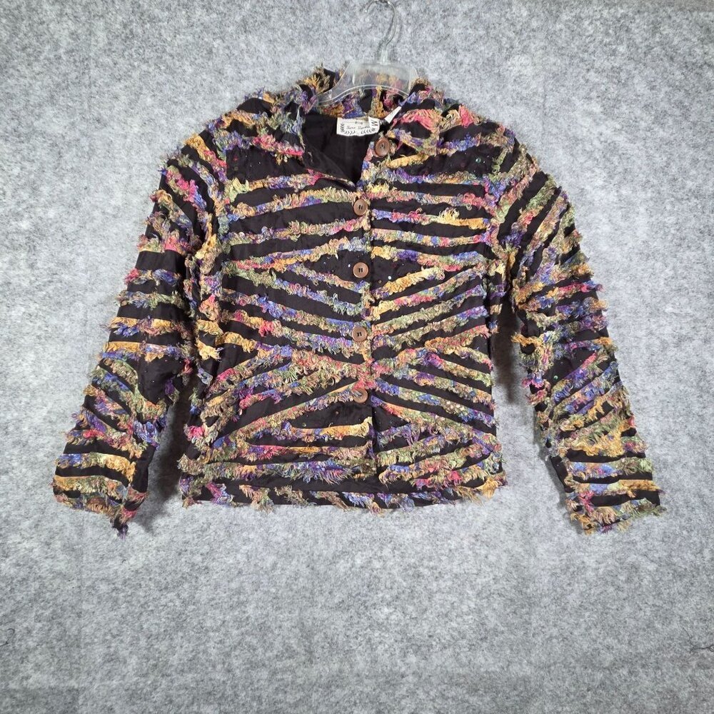 Sara Studio Women's Long Sleeve Vintage Boucle Tweed Fringe Light Rainbow Blazer